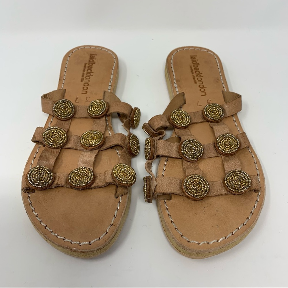 Anthropologie Laid Back London Handmade Leather Beaded Tan Gold Sandal Size 6